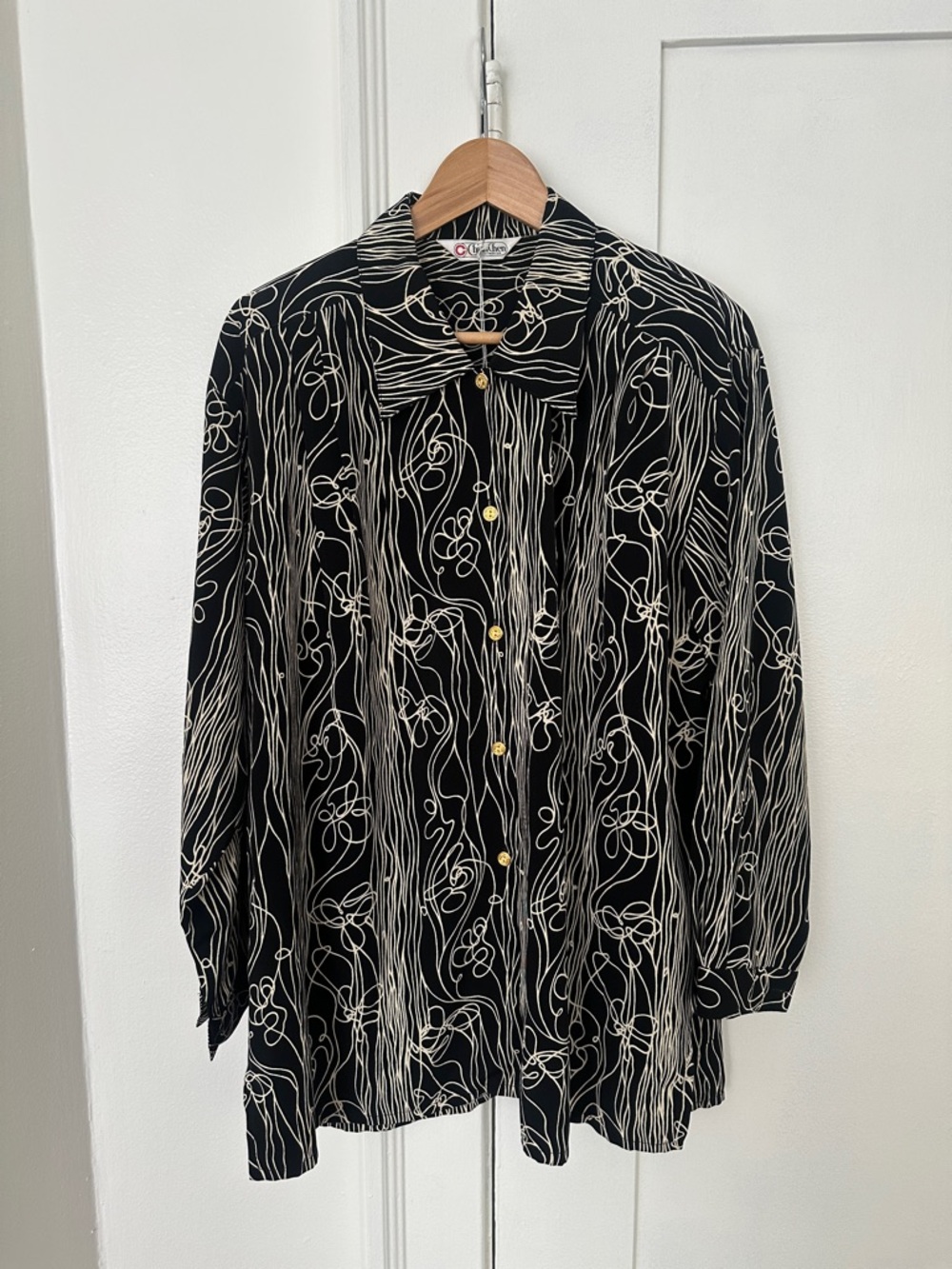 Vintage ChianChen black and white abstract print gold button down